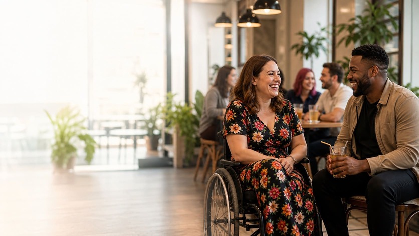Disabled adults enjoying a warm accessible social date in a cafe